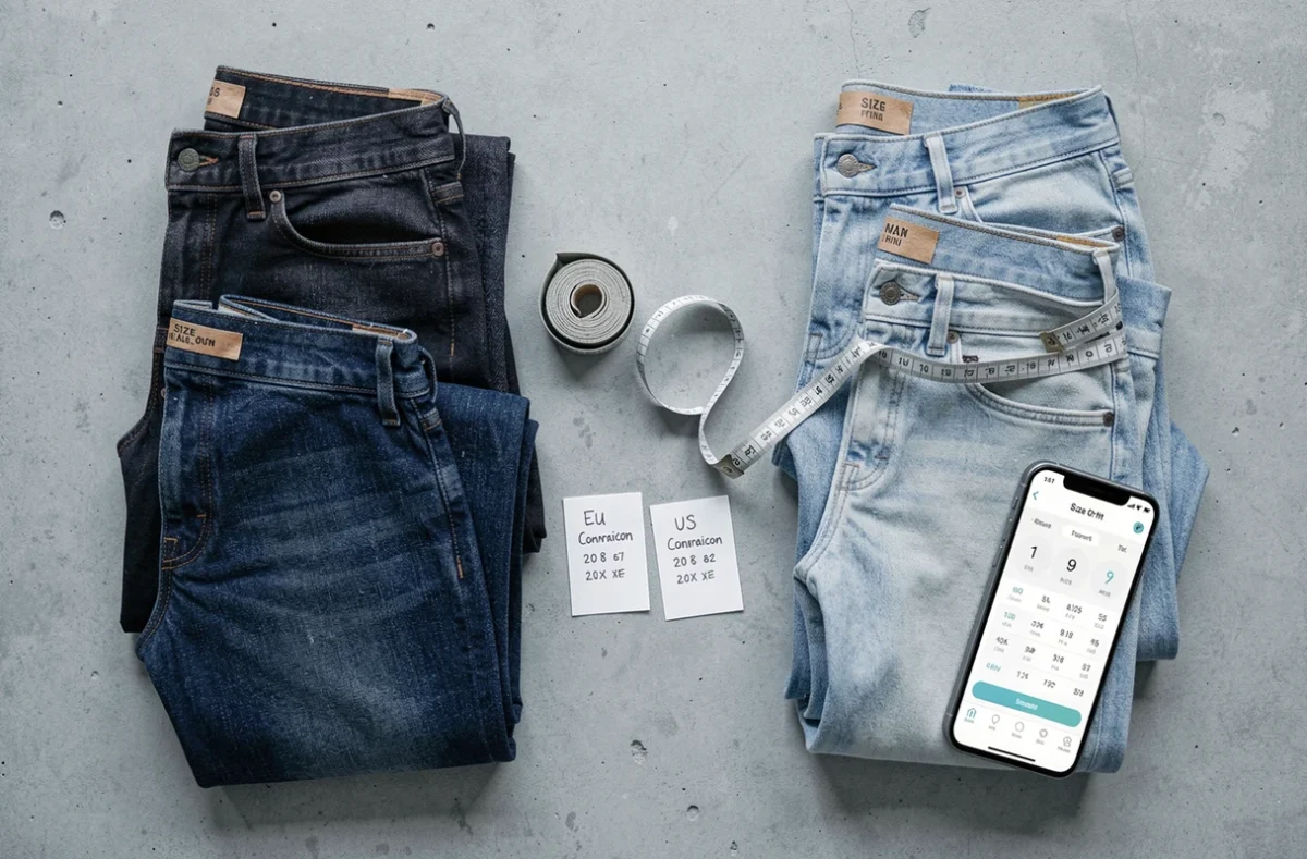 Vue de dessus d'une sélection de jeans avec un mètre ruban et des fiches de conversion de tailles de vêtements pour hommes et femmes