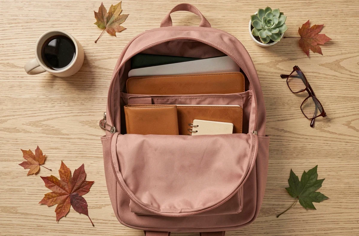Flat-lay d'un sac à dos ordinateur femme rose poudré ouvert sur un bureau en bois avec accessoires de travail organisés