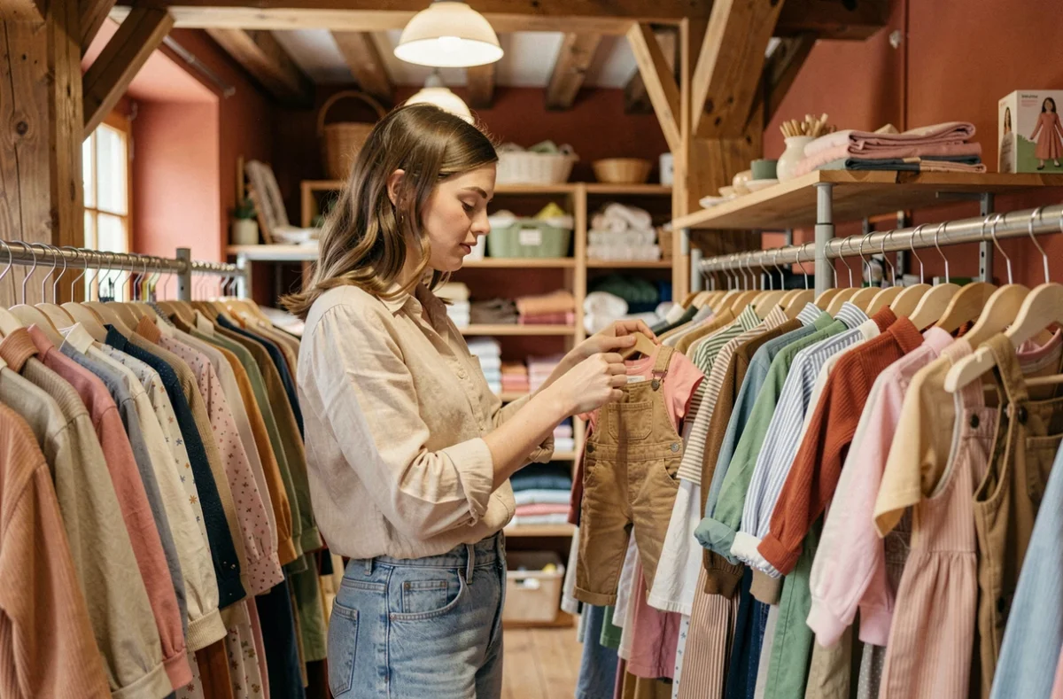 Jeune femme qui fait du shopping dans une friperie pour enfants à Strasbourg, parcourant des vêtements colorés sur des portants en bois
