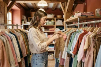 Jeune femme qui fait du shopping dans une friperie pour enfants à Strasbourg, parcourant des vêtements colorés sur des portants en bois