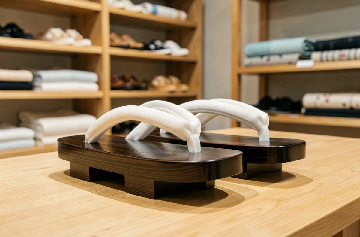 Paire de geta japonaises traditionnelles en bois laqué avec lanières en tissu blanc, posées sur une surface en bois dans une boutique japonaise minimaliste