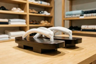 Paire de geta japonaises traditionnelles en bois laqué avec lanières en tissu blanc, posées sur une surface en bois dans une boutique japonaise minimaliste