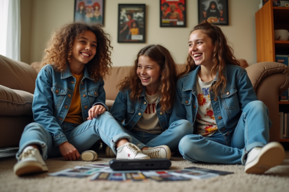 Trois adolescents vintage dans un salon années 90