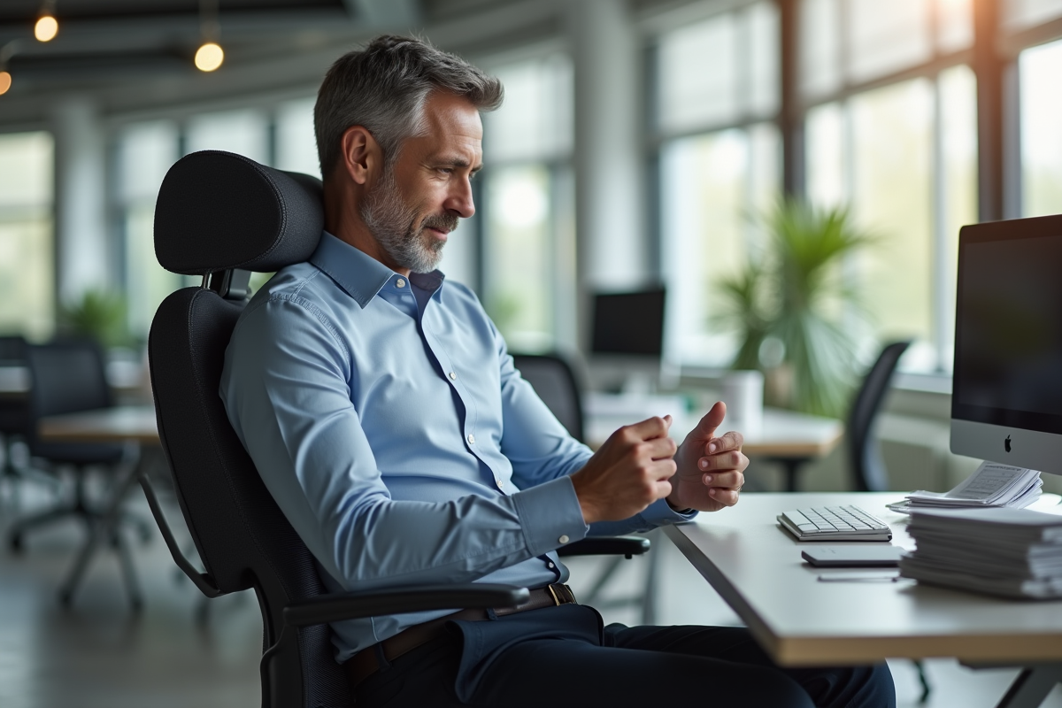 Homme ajustant un sac cervical au bureau lors d