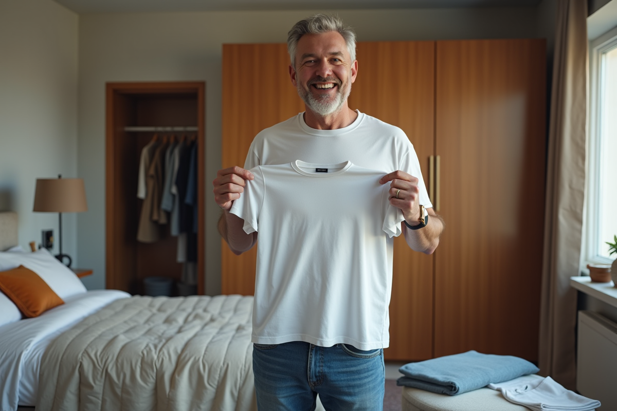 Homme d'âge moyen avec t-shirt XXL dans sa chambre