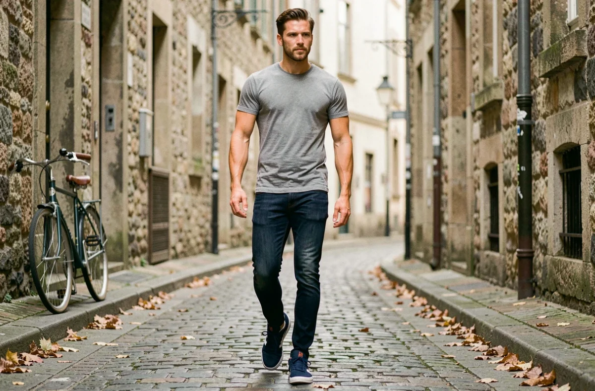 Homme en jean portant des baskets européennes bleues dans une ruelle pavée d'une ville européenne en automne