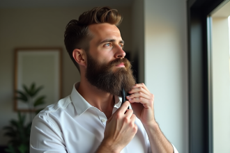 Homme avec barbe bien taillée devant une grande fenêtre
