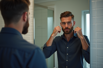 Homme bien coiffé ajustant sa barbe dans la salle de bain