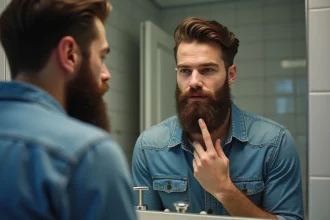 Homme avec barbe examinant son reflet dans un miroir de salle de bain