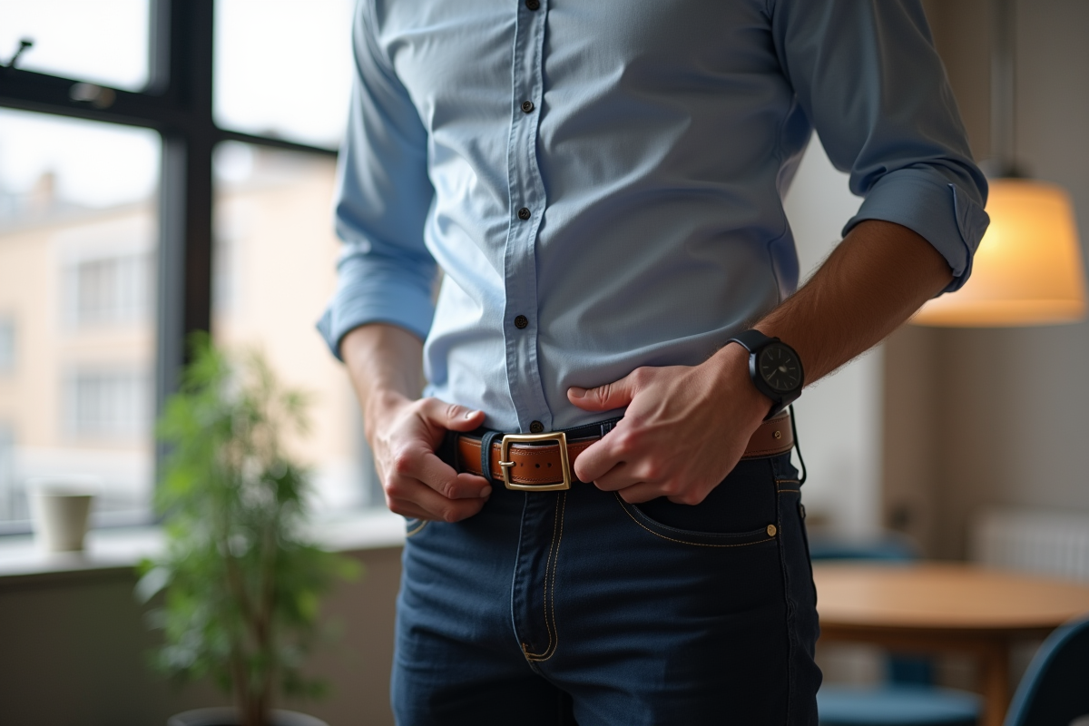 Homme avec ventre rond montrant comment ajuster une ceinture