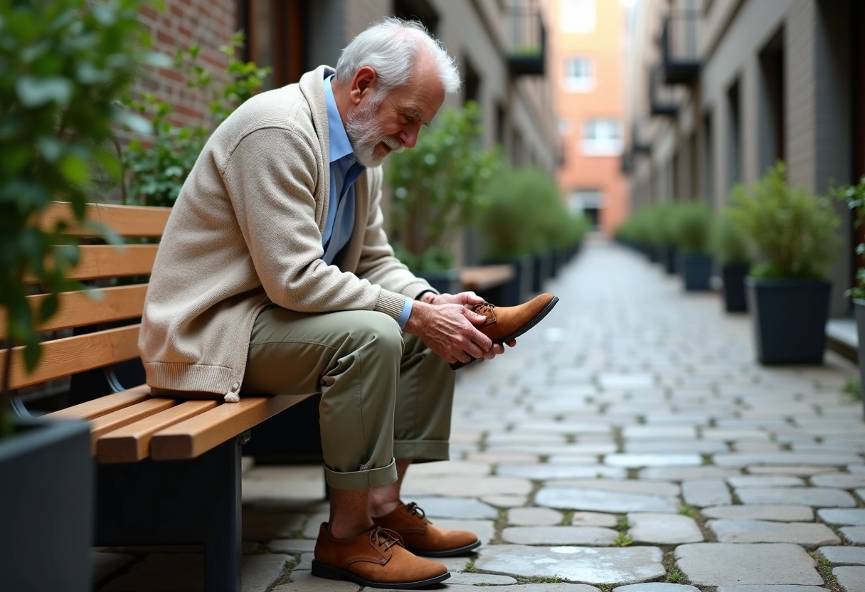 Homme âgé nouant ses lacets de chaussures trop grandes