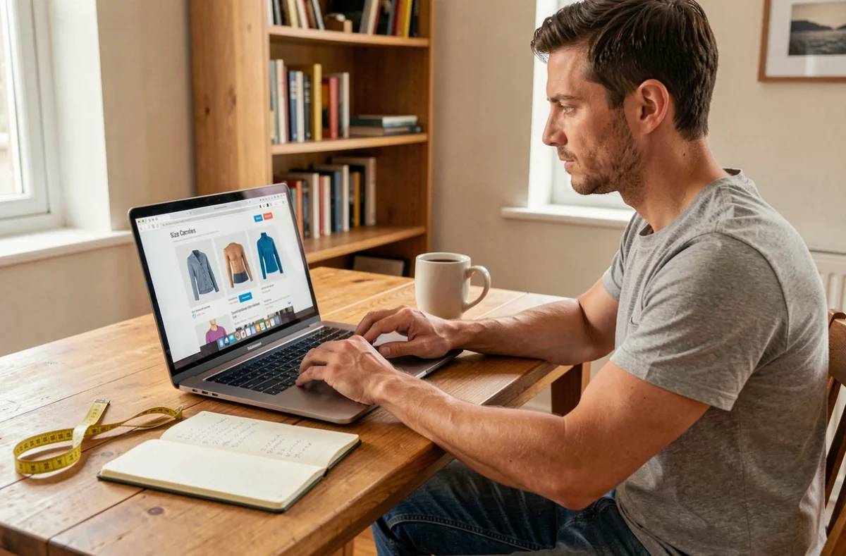 Homme utilisant un convertisseur de taille de vêtement en ligne pour choisir ses jeans avec un mètre ruban sur un bureau en bois