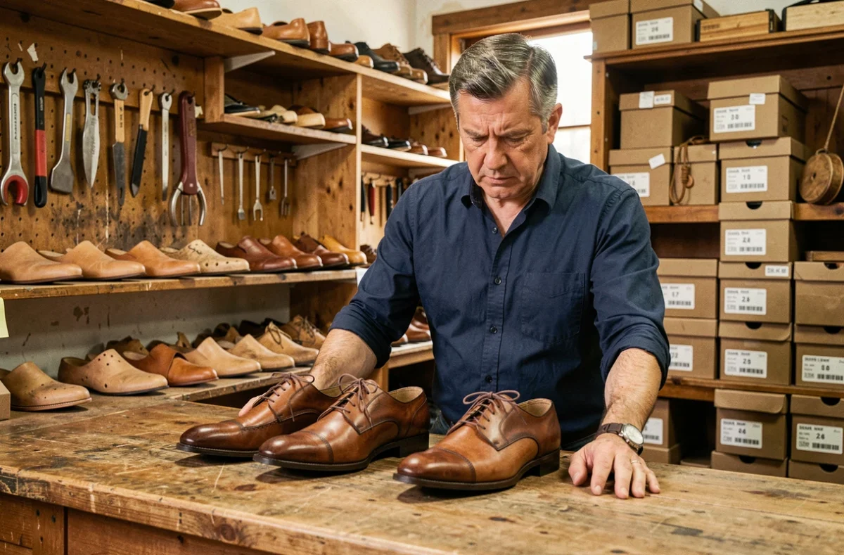 Homme comparant deux chaussures en cuir de tailles différentes sur un comptoir de cordonnier, illustrant les écarts de pointures UK