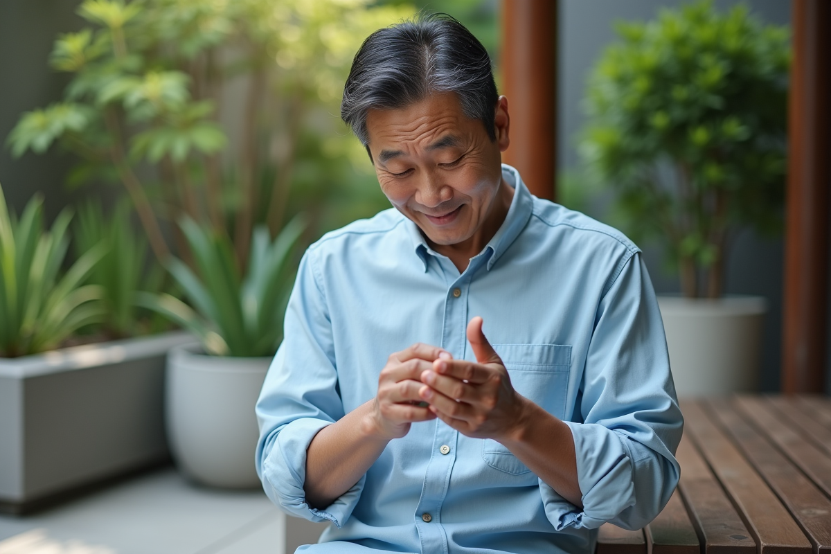 Homme coreen appliquant une essence dans un jardin