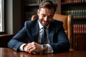 Homme en costume bleu regardant sa montre Rolex