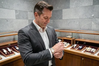Homme en costume examinant une montre Rolex Datejust dans une boutique horlogère suisse élégante