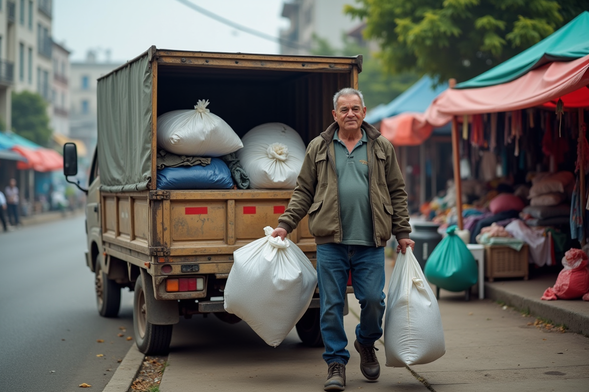 Homme déchargeant des sacs de vêtements dans un marché en plein air