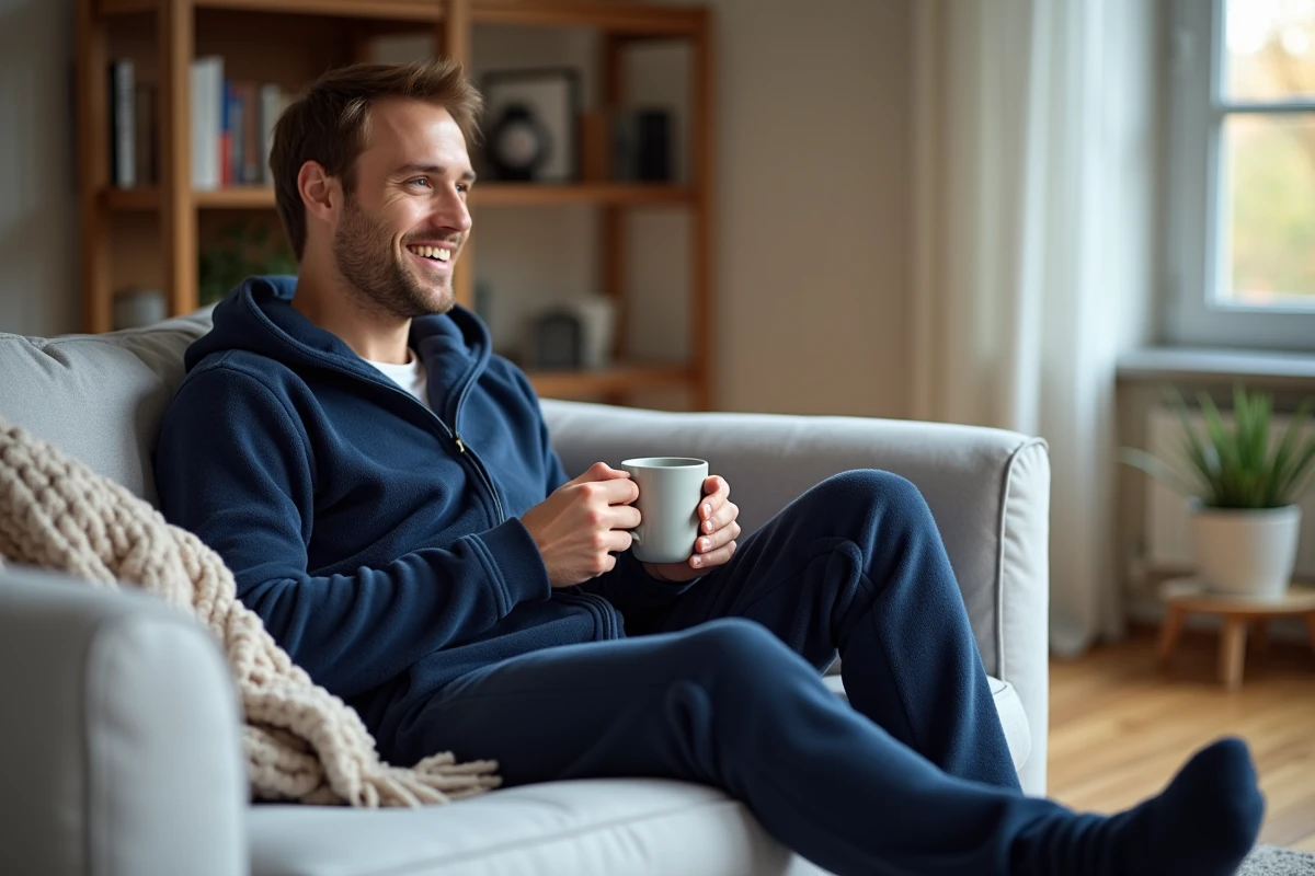 Homme adulte portant une grenouillère pyjama bleu marine en polaire sur un canapé gris dans un salon moderne