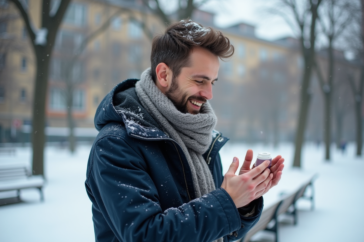 Jeune homme appliquant crème mains dans un parc enneige