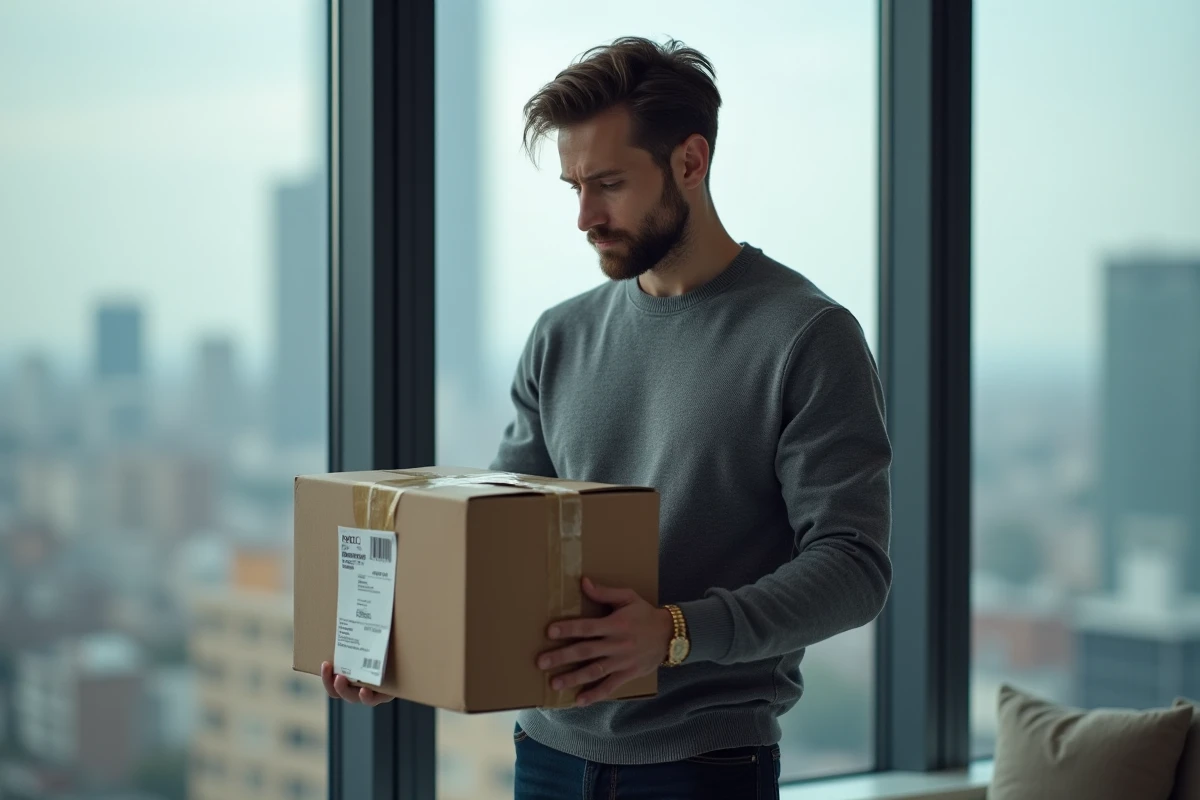 Homme inspectant l'étiquette de marque d'un vêtement reçu en livraison depuis un site de mode en ligne