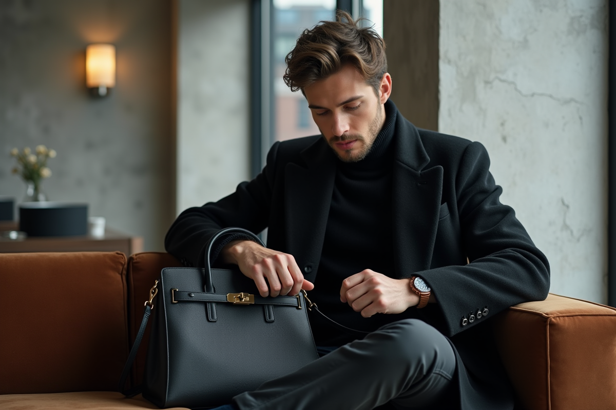 Homme assis dans un loft avec sac à main moderne 2025