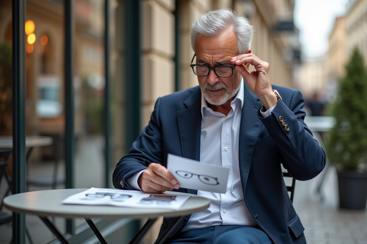 Homme d age ajustant ses lunettes dans un café en ville