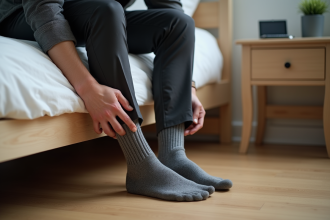 Homme en train de mettre des chaussettes dans une chambre cosy