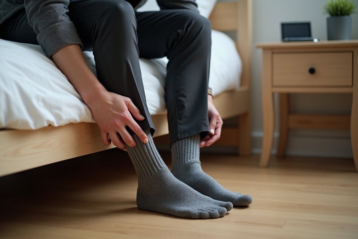 Homme en train de mettre des chaussettes dans une chambre cosy
