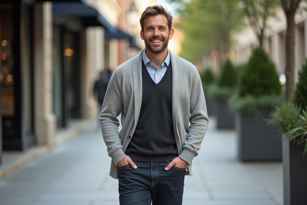 Homme élégant marchant dans la ville en cardigan