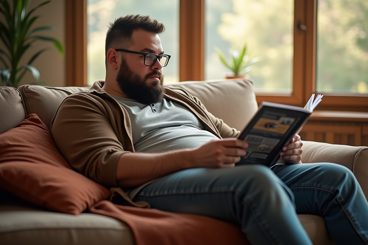 Homme plus size détendu à la maison sur un canapé
