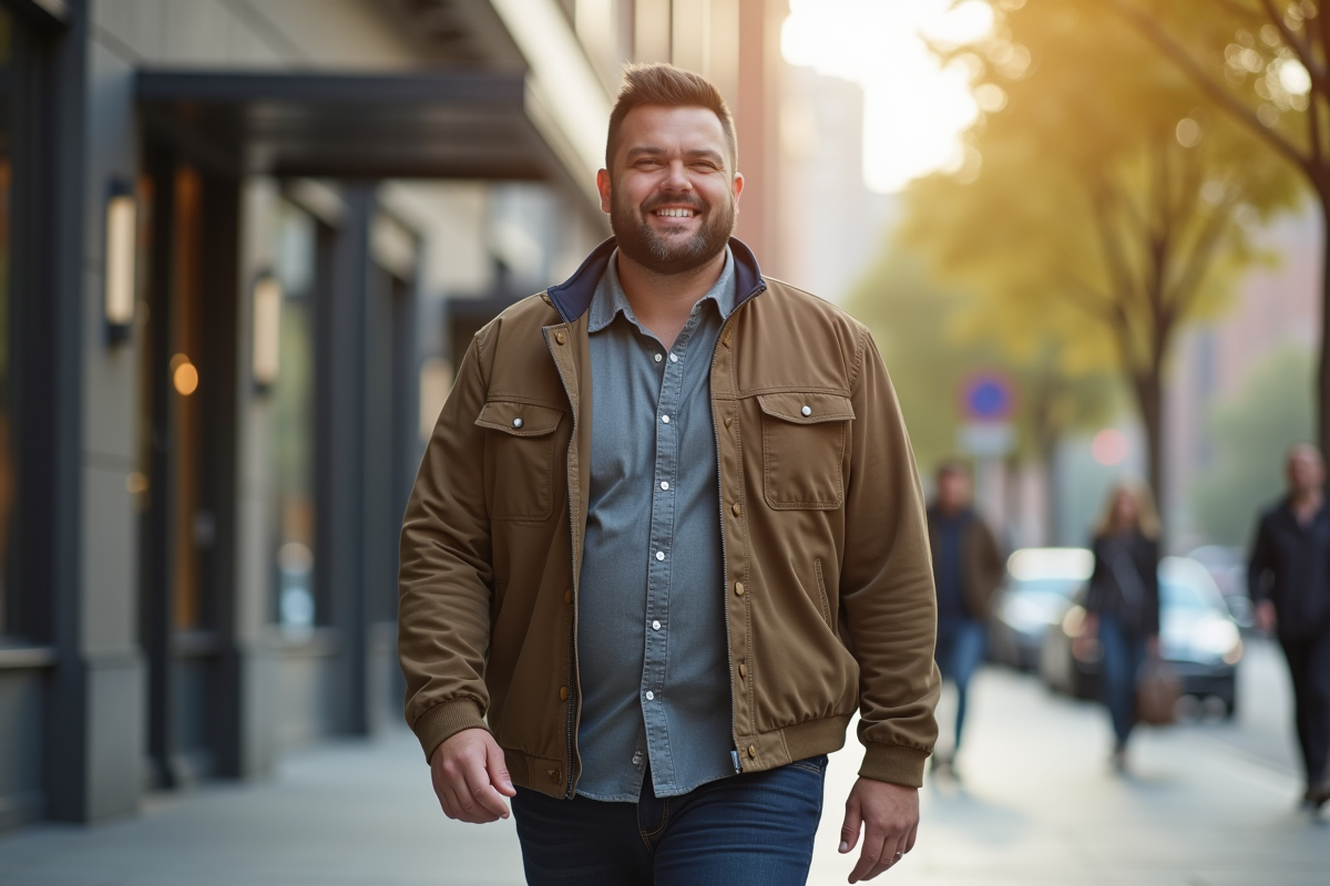 Homme plus size confiant dans la ville en tenue moderne