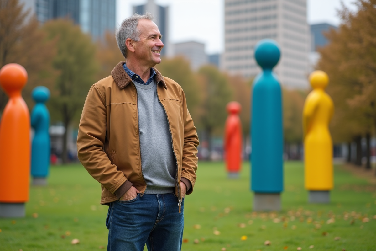 Homme contemplant sculptures colorées en parc urbain