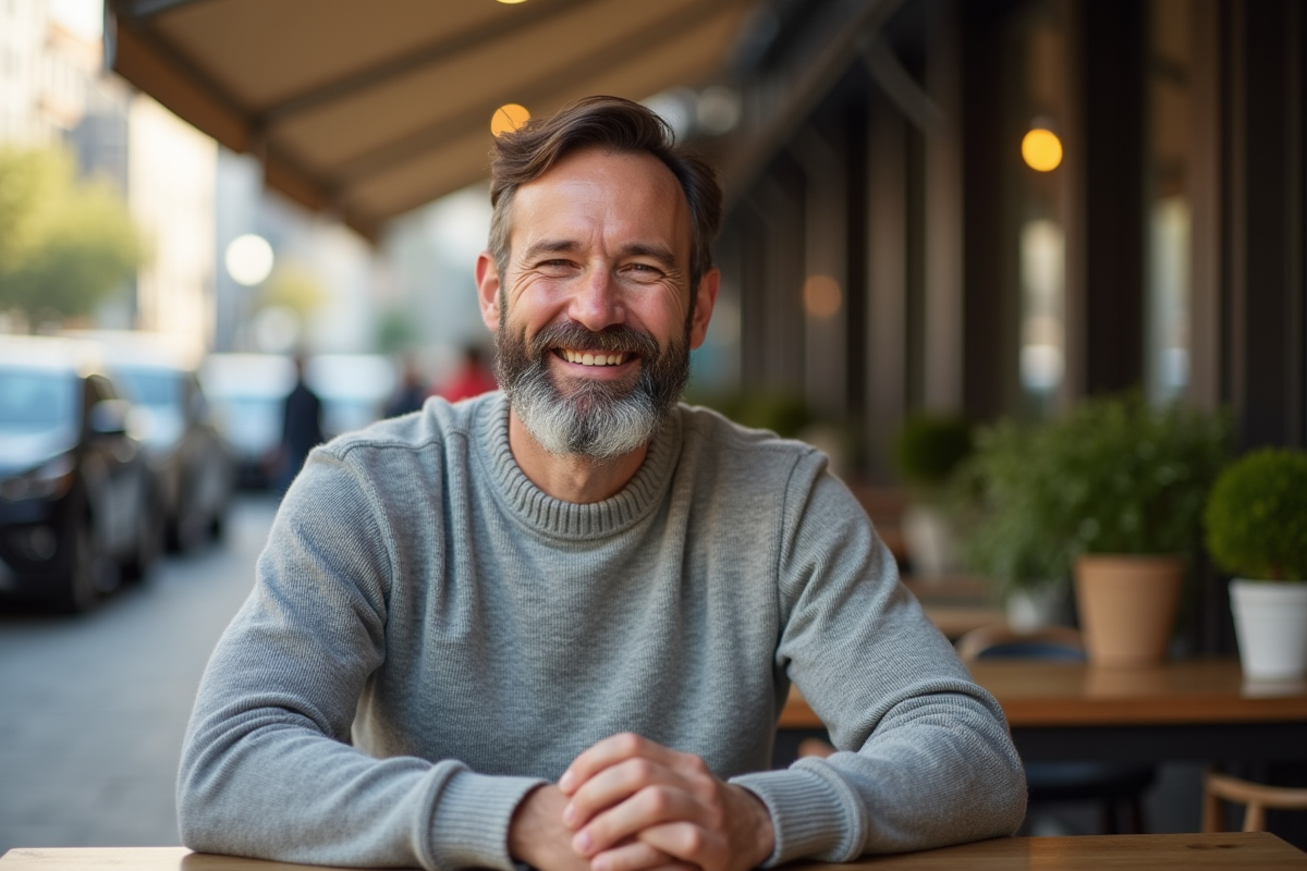 Homme souriant assis dehors dans un café urbain