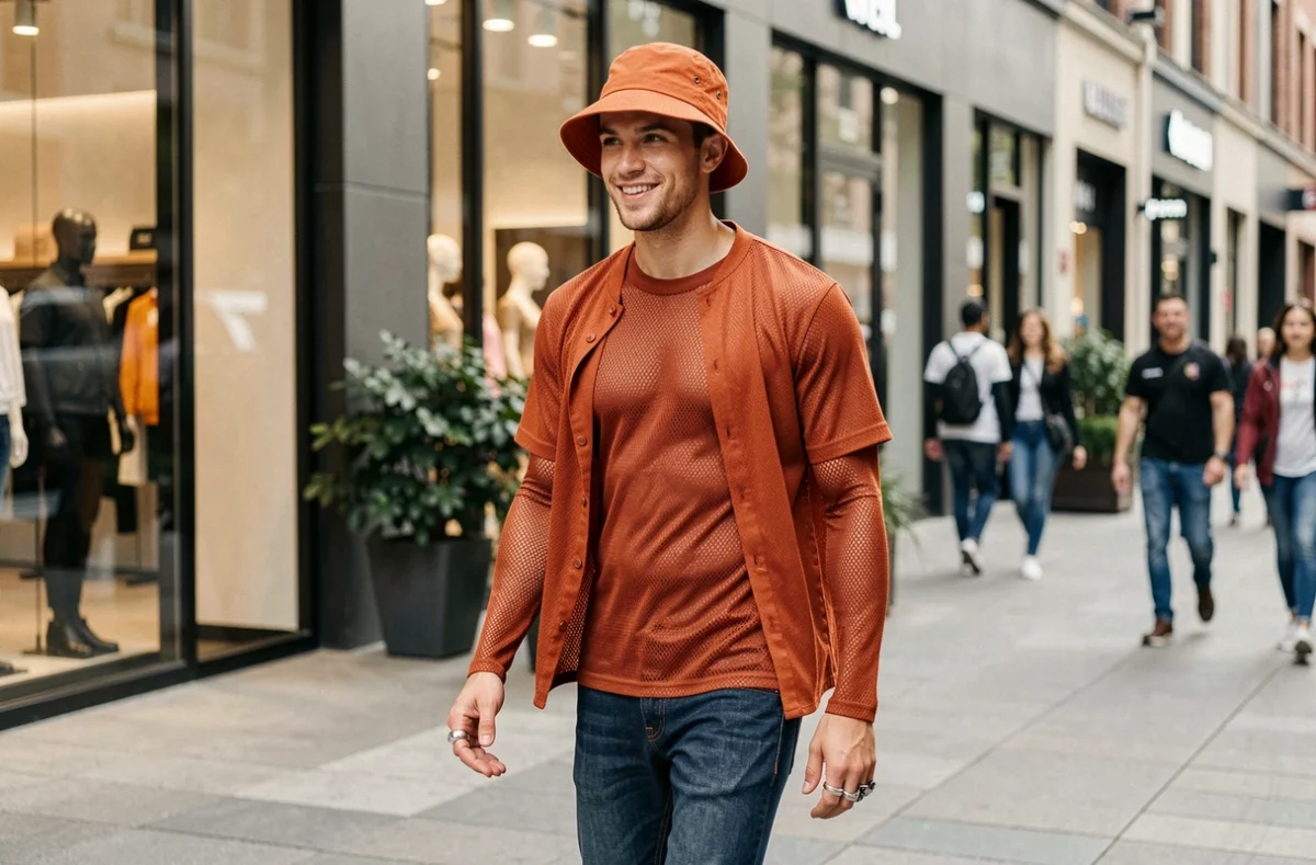 Homme marchant dans une rue commerçante avec une tenue Y2K 2026 en denim et chemise technique orange