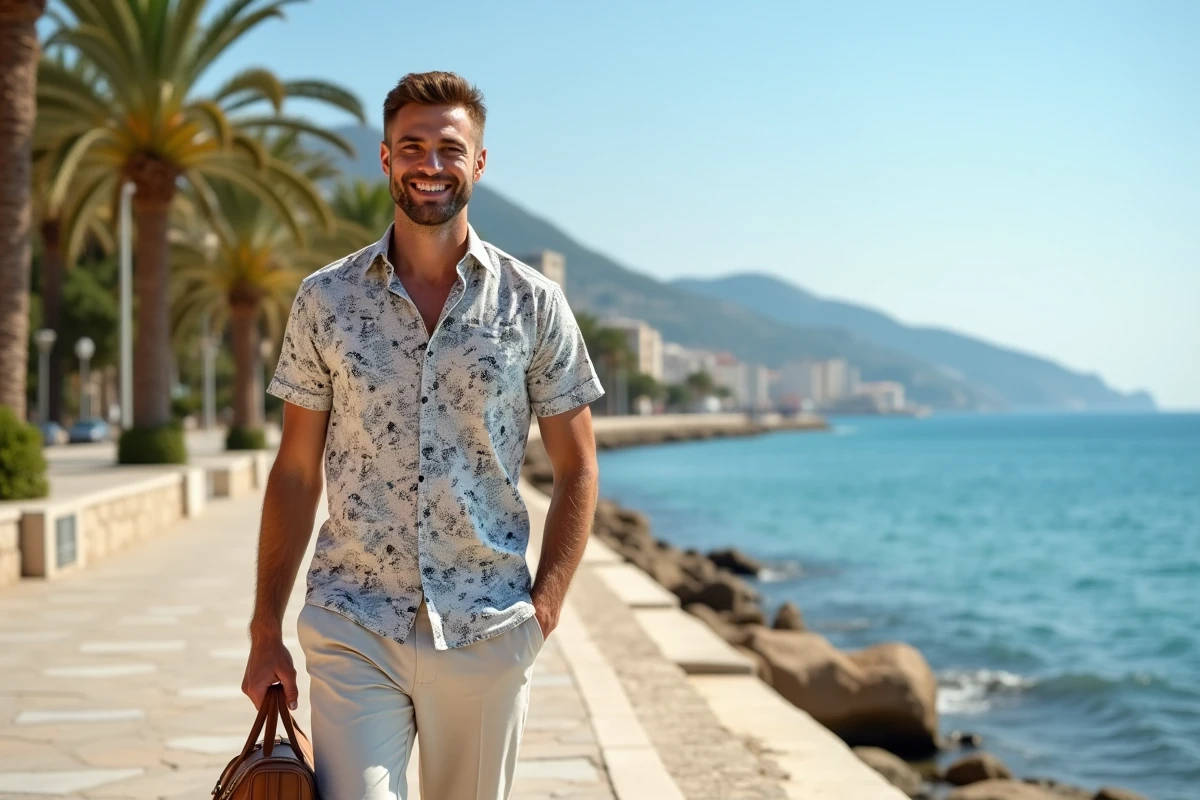 Jeune homme souriant en promenade sur la côte méditerranéenne