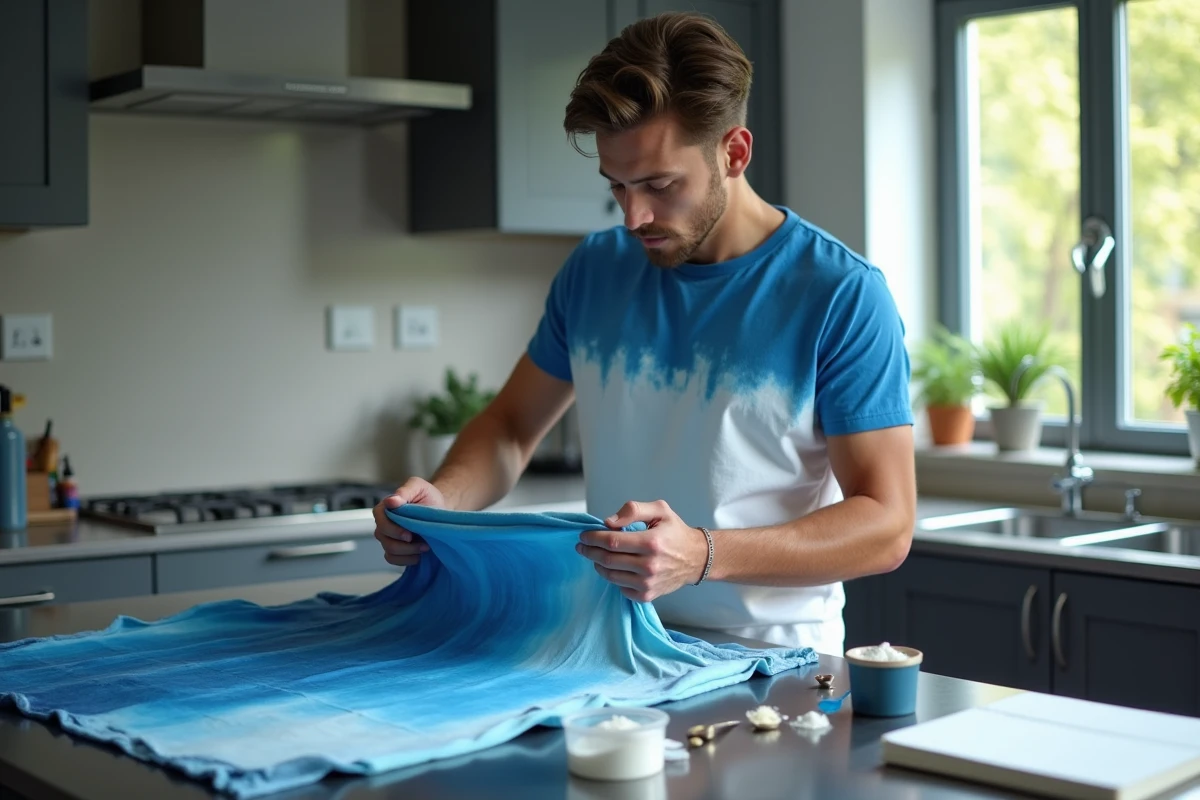 Homme inspectant un t-shirt teint en bleu dans la cuisine