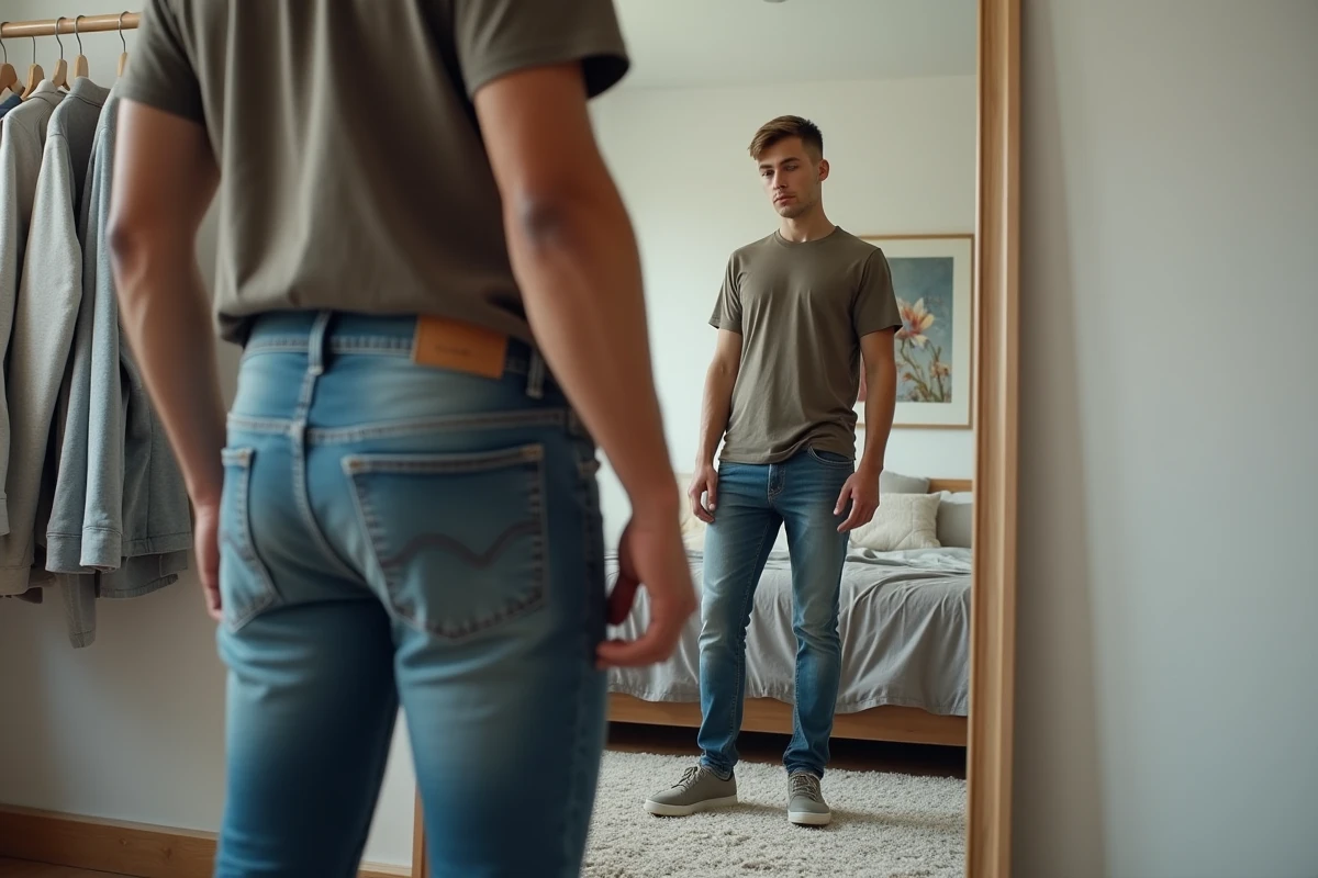 Jeune homme comparant l’étiquette d’un vêtement dans sa chambre