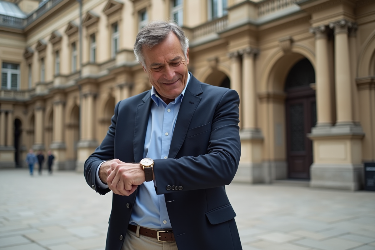 Homme chic vérifiant sa montre dans un lieu urbain