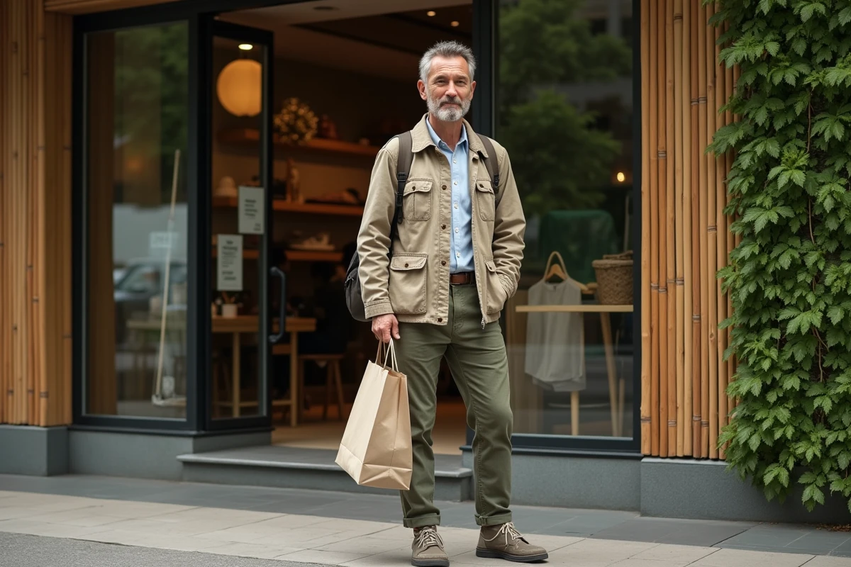 Homme avec veste upcycle devant boutique écologique urbaine