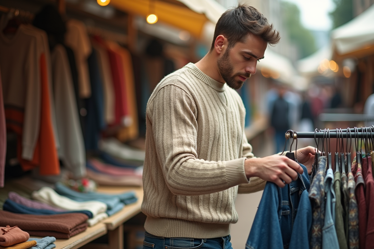 Jeune homme arrangeant des vetements vintage en marché