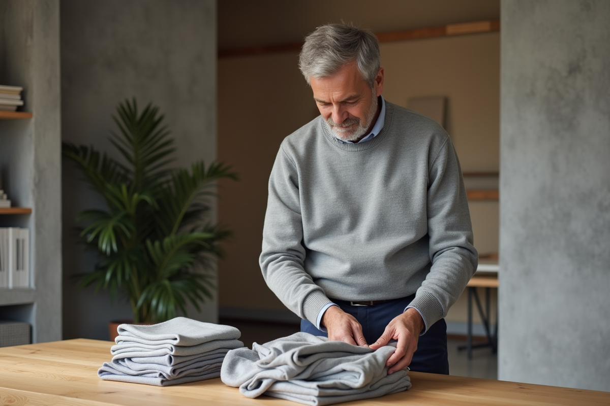 Homme pliant des vêtements sur une table en bois dans un intérieur minimaliste