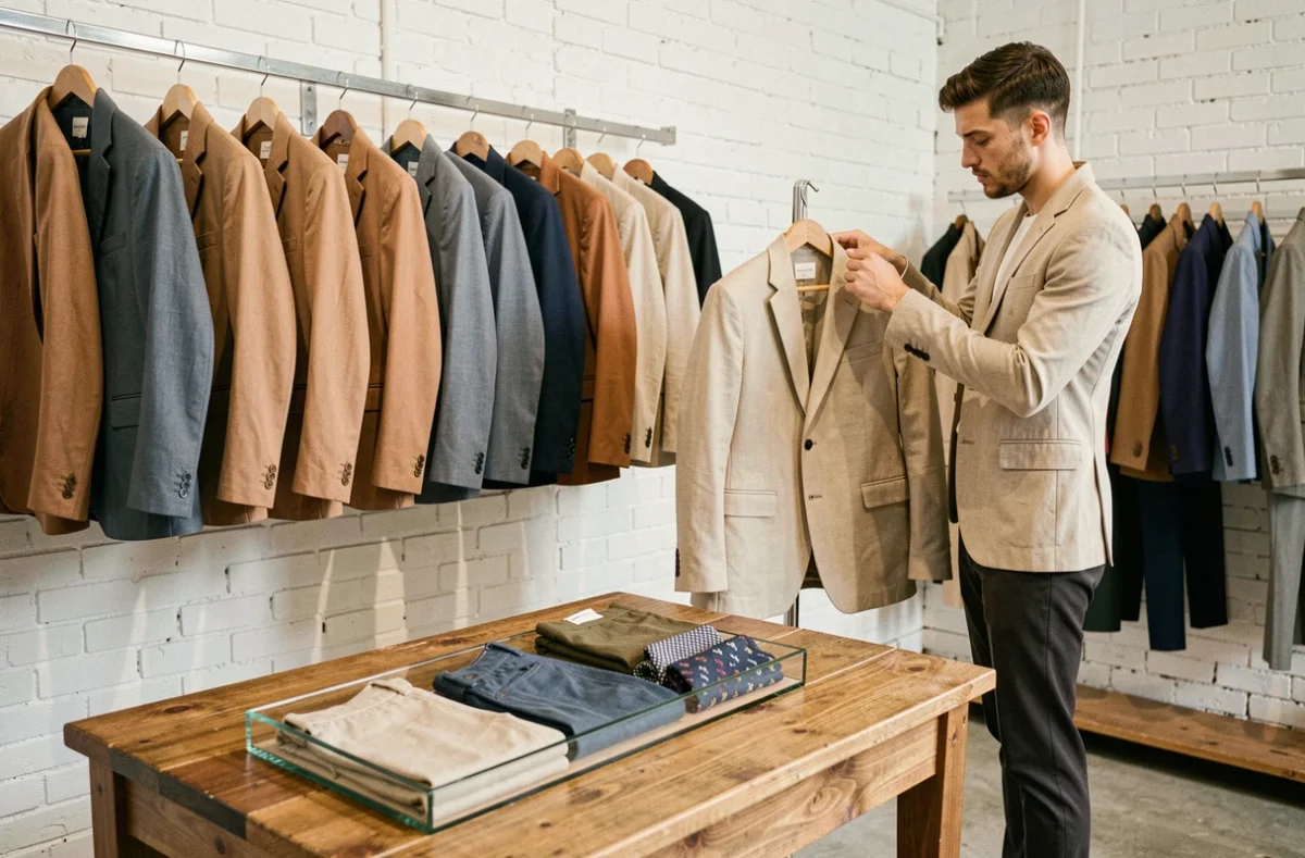 Intérieur de la boutique Husbands Paris avec des costumes en tons neutres et un assistant ajustant une veste sur un portant