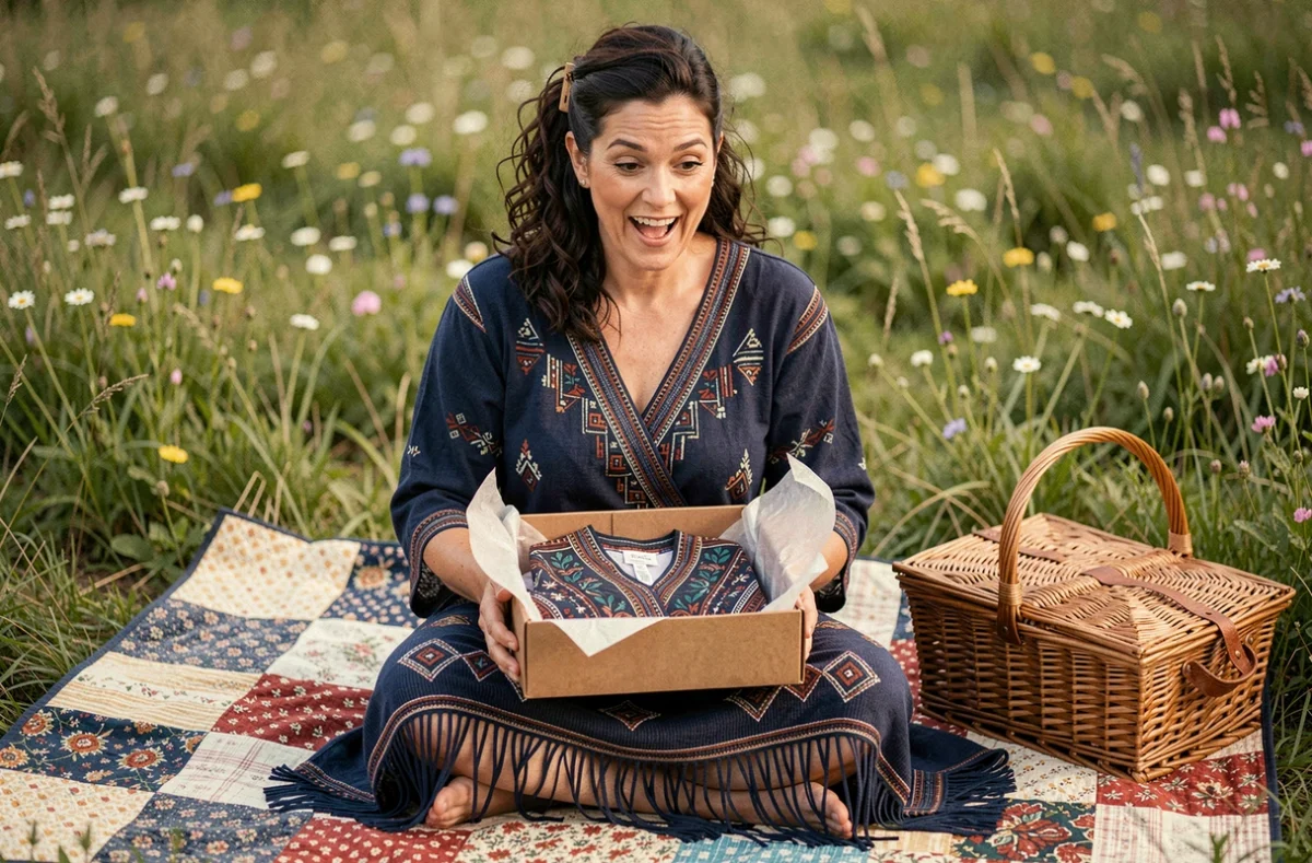 Femme assise dans un pré ouvrant une boîte cadeau contenant une robe hippie imprimée géométrique indigo