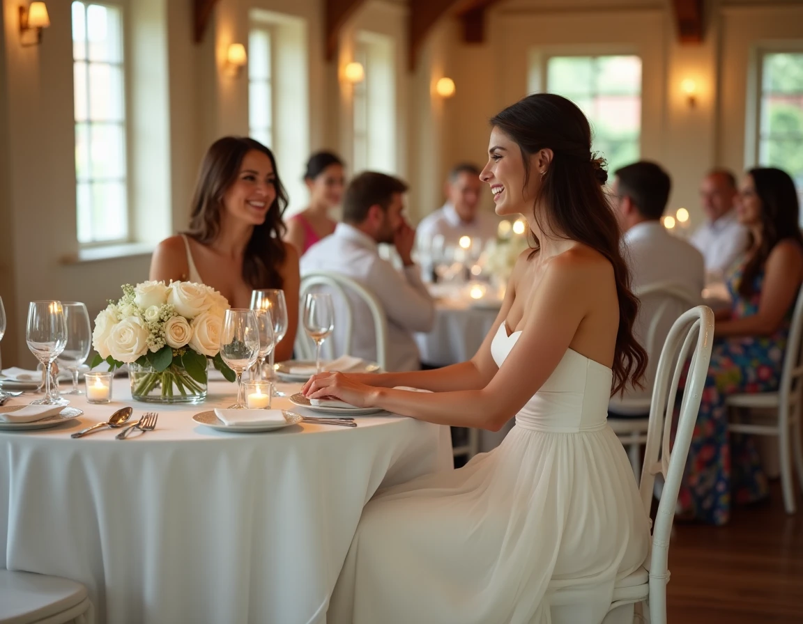 Invitée en robe longue blanche bustier assise à une table de réception de mariage en intérieur