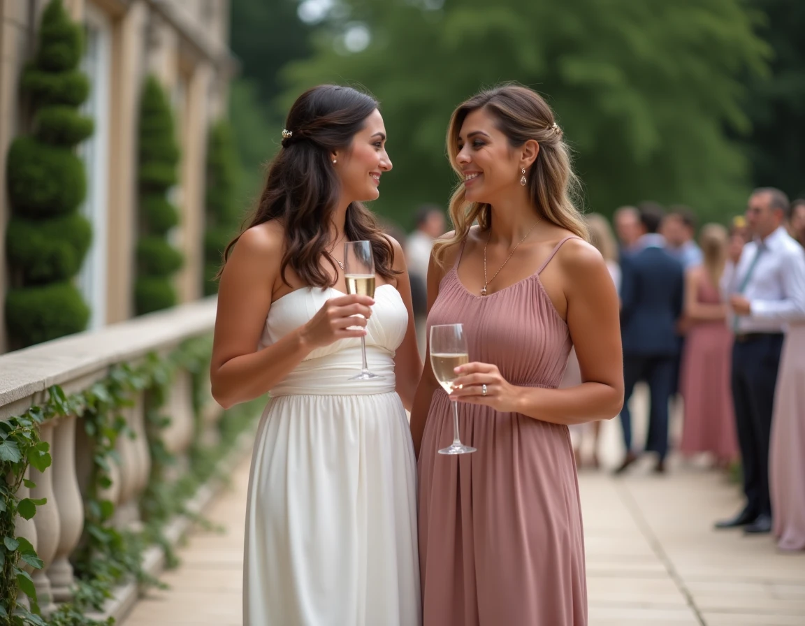 Deux invitées dont une en robe bustier longue blanche lors d'un cocktail de mariage sur la terrasse d'un château
