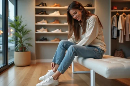 Jeune femme souriante essayant des baskets dans une boutique de chaussures