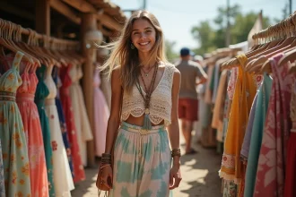 Jeune femme souriante dans une brocante bohème en plein air