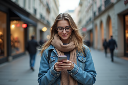 Jeune femme en streetwear regardant son smartphone en ville