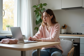 Jeune femme en sweater pastel à la maison avec ordinateur