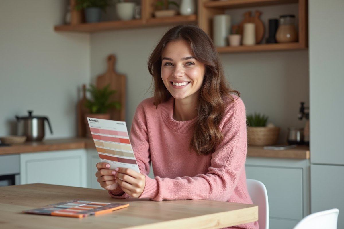 Jeune femme souriante avec échantillons de couleur dans une cuisine moderne